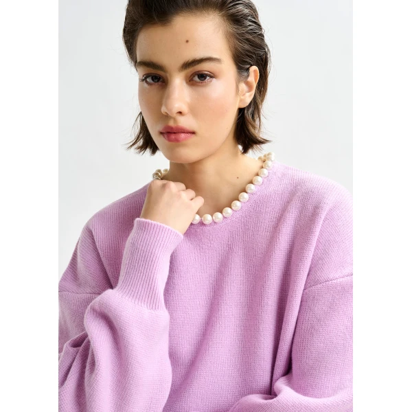 Essentiel Antwerp Light pink pearl-embellished knit sweater - Essentiel Antwerp Knitwear - Colorful Belgian Design - Shop at Luxury Shoes 