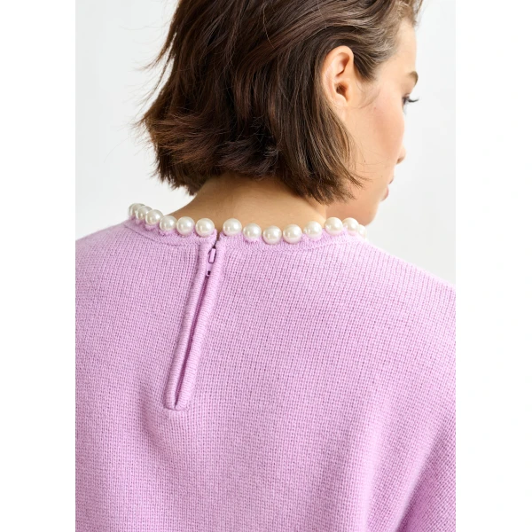 Essentiel Antwerp Light pink pearl-embellished knit sweater - Essentiel Antwerp Knitwear - Colorful Belgian Design - Shop at Luxury Shoes 