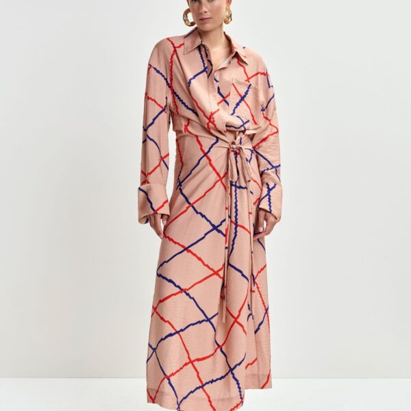 Essentiel Antwerp Light pink, red and blue checked oversized maxi dress, view 2