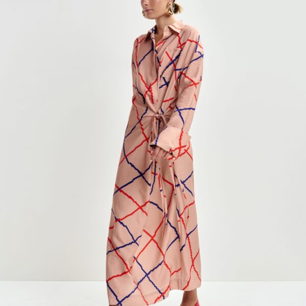 Essentiel Antwerp Light pink, red and blue checked oversized maxi dress, view 4