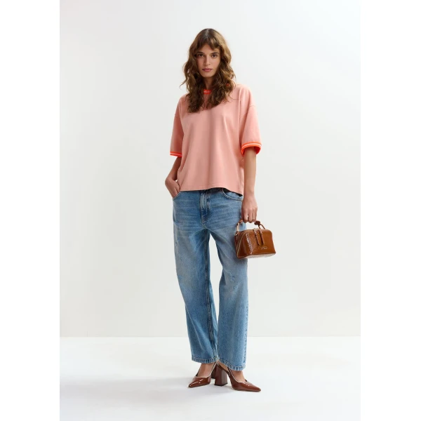 Essentiel Antwerp Light pink slightly cropped knit T-shirt with orange contrasting trim - Essentiel Antwerp Shirts - Colorful Belgian Design - Shop at Luxury Shoes 
