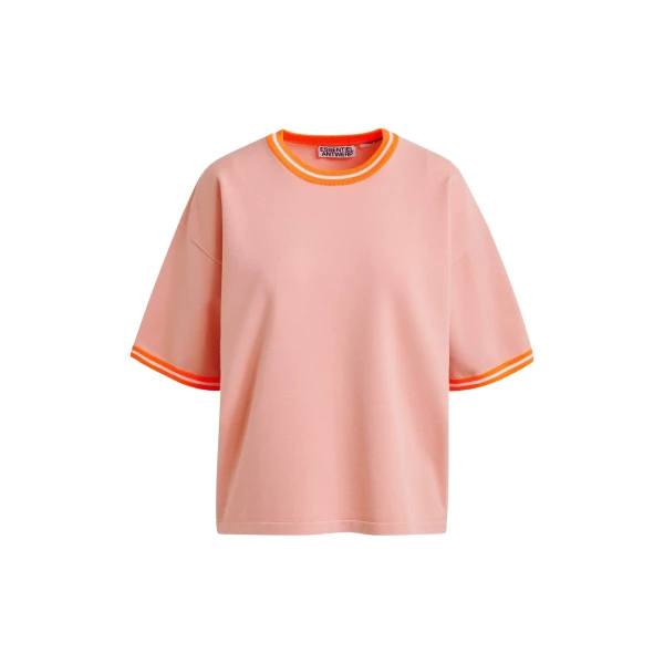 Essentiel Antwerp Light pink slightly cropped knit T-shirt with orange contrasting trim - Essentiel Antwerp Shirts - Colorful Belgian Design - Shop at Luxury Shoes 