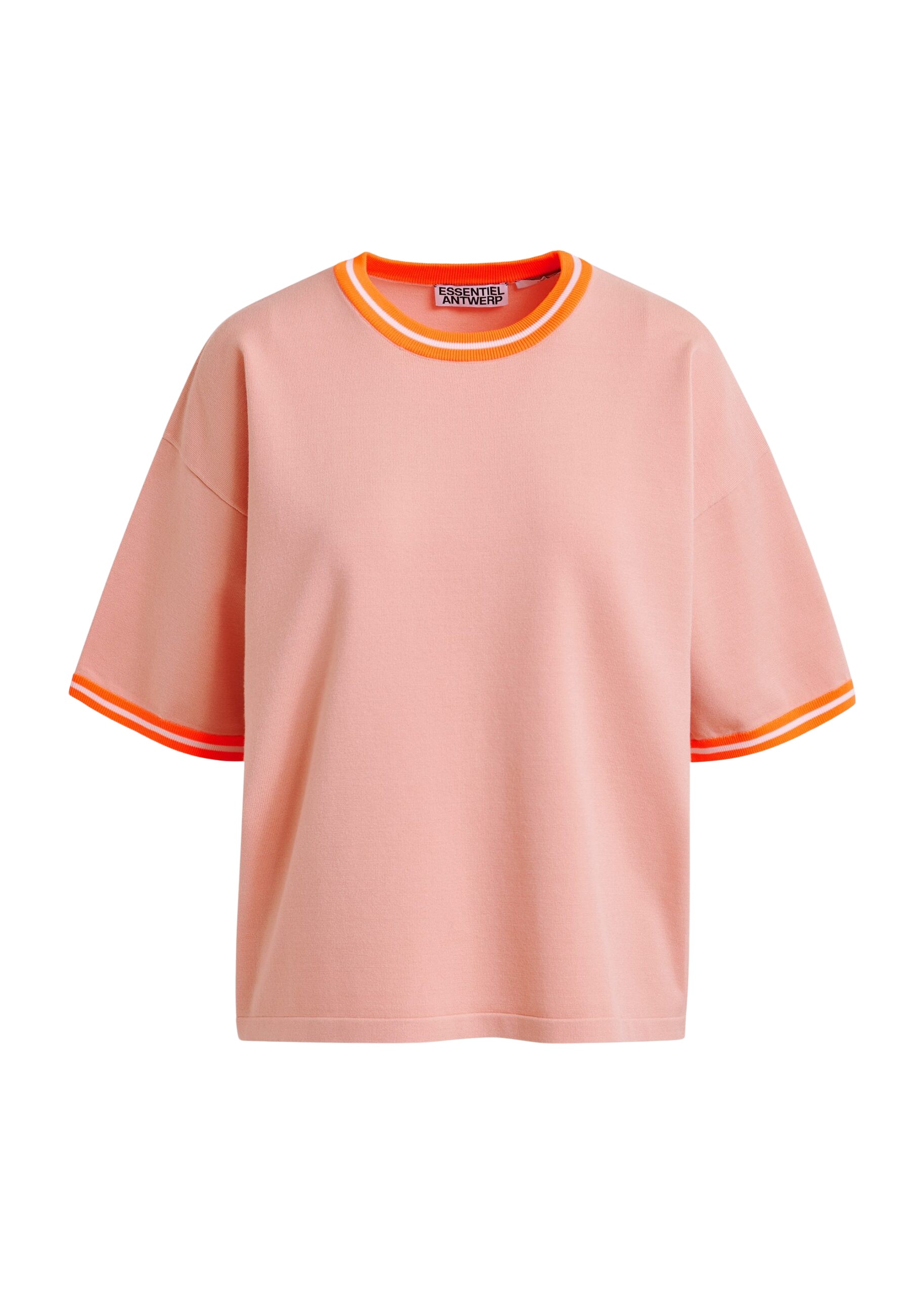 Essentiel Antwerp Light pink slightly cropped knit T-shirt with orange contrasting trim