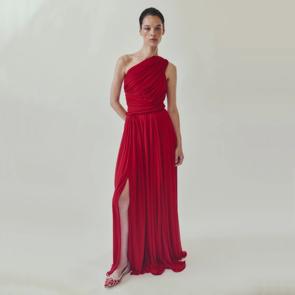 Giambattista Valli Long Asymmetrical Red Jersey Dress - Giambattista Valli Dresses - Romantic Couture - Shop at Luxury Shoes 