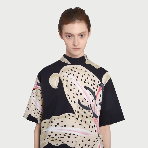 Giambattista Valli Long Black Macro Lilies Popeline Blouse - Giambattista Valli Tops - Romantic Couture - Shop at Luxury Shoes 