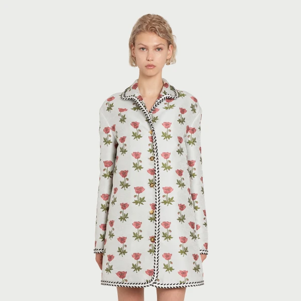 Giambattista Valli Long Blue Floral Jacquard Coat - Giambattista Valli Coats - Romantic Couture - Shop at Luxury Shoes 