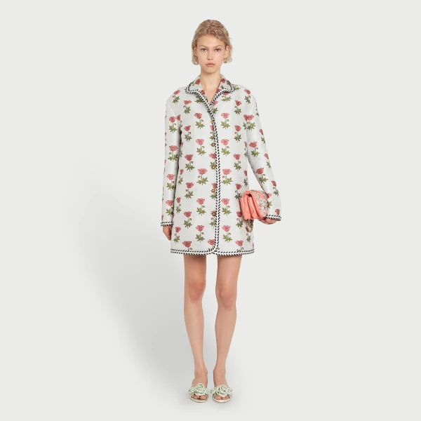 Giambattista Valli Long Blue Floral Jacquard Coat - Giambattista Valli Coats - Romantic Couture - Shop at Luxury Shoes 