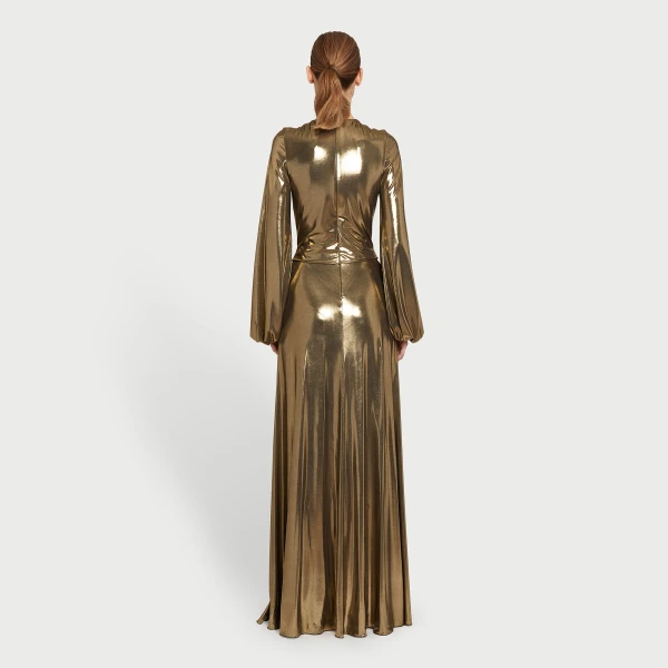 Giambattista Valli Long Gold Laminated Jersey Dress With Bows - Giambattista Valli Dresses - Romantic Couture - Shop at Luxury Shoes 