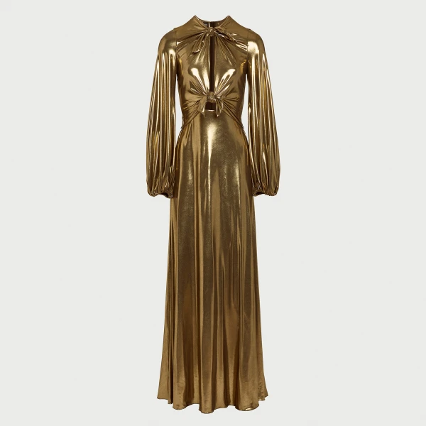 Giambattista Valli Long Gold Laminated Jersey Dress With Bows - Giambattista Valli Dresses - Romantic Couture - Shop at Luxury Shoes 