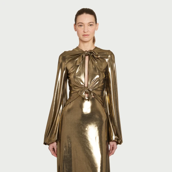 Giambattista Valli Long Gold Laminated Jersey Dress With Bows - Giambattista Valli Dresses - Romantic Couture - Shop at Luxury Shoes 
