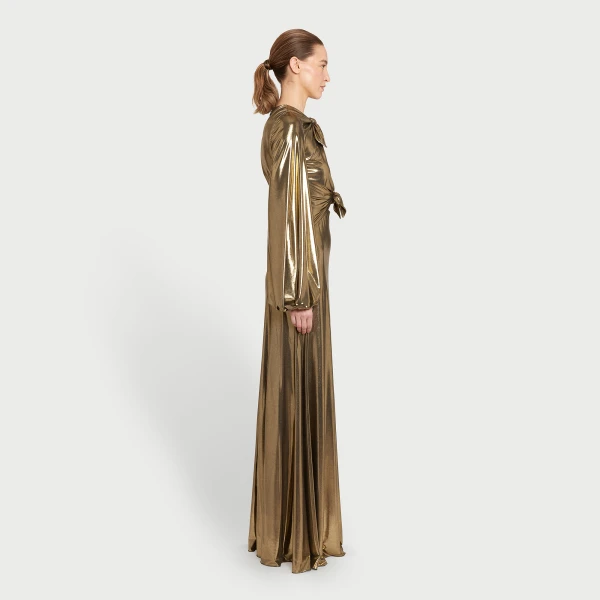 Giambattista Valli Long Gold Laminated Jersey Dress With Bows - Giambattista Valli Dresses - Romantic Couture - Shop at Luxury Shoes 