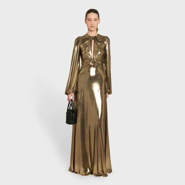 Giambattista Valli Long Gold Laminated Jersey Dress With Bows - Giambattista Valli Dresses - Romantic Couture - Shop at Luxury Shoes 
