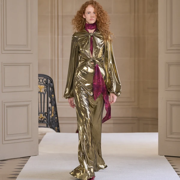 Giambattista Valli Long Gold Laminated Jersey Dress With Bows - Giambattista Valli Dresses - Romantic Couture - Shop at Luxury Shoes 