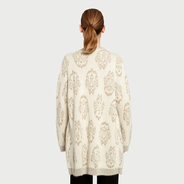 Giambattista Valli Long Ivory And Gold Ikat Cardigan - Giambattista Valli Fall Winter 25/26 - Romantic Couture - Shop at Luxury Shoes 