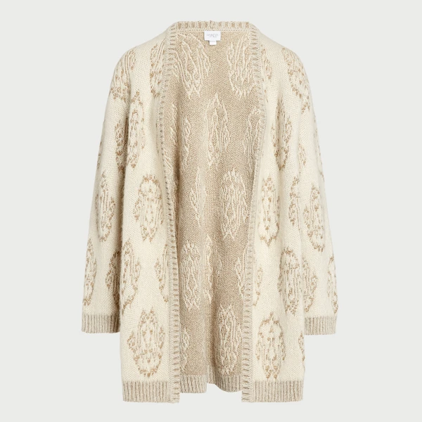 Giambattista Valli Long Ivory And Gold Ikat Cardigan - Giambattista Valli Fall Winter 25/26 - Romantic Couture - Shop at Luxury Shoes 