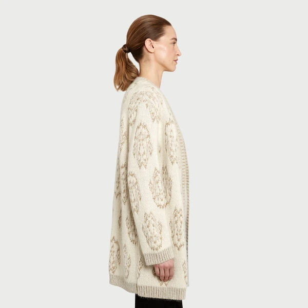 Giambattista Valli Long Ivory And Gold Ikat Cardigan - Giambattista Valli Fall Winter 25/26 - Romantic Couture - Shop at Luxury Shoes 