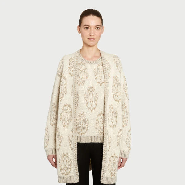 Giambattista Valli Long Ivory And Gold Ikat Cardigan - Giambattista Valli Fall Winter 25/26 - Romantic Couture - Shop at Luxury Shoes 