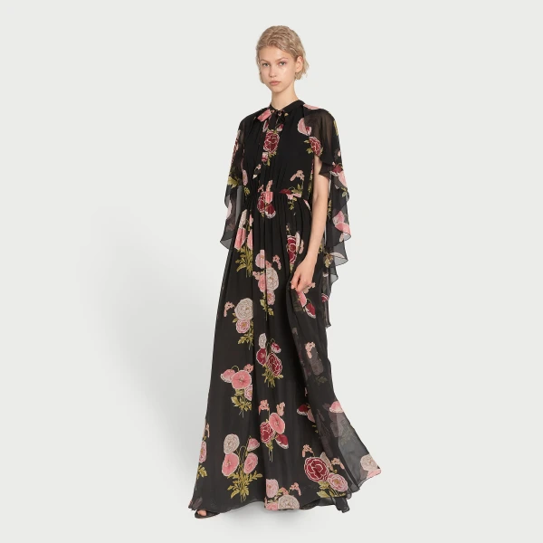 Giambattista Valli Long Pansies Black Silk Dress With Cape - Giambattista Valli Dresses - Romantic Couture - Shop at Luxury Shoes 