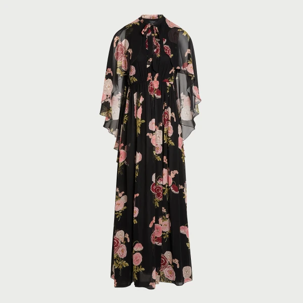 Giambattista Valli Long Pansies Black Silk Dress With Cape - Giambattista Valli Dresses - Romantic Couture - Shop at Luxury Shoes 