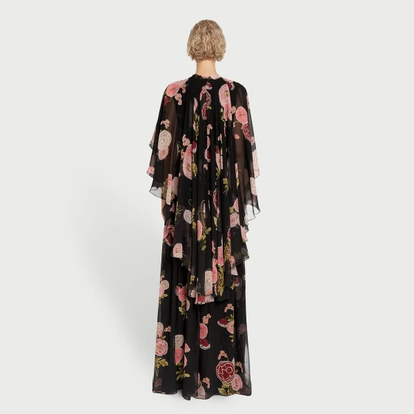 Giambattista Valli Long Pansies Black Silk Dress With Cape - Giambattista Valli Dresses - Romantic Couture - Shop at Luxury Shoes 