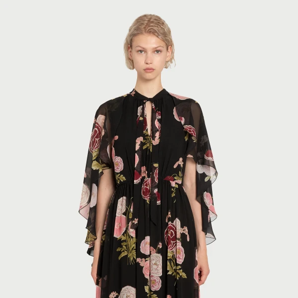 Giambattista Valli Long Pansies Black Silk Dress With Cape - Giambattista Valli Dresses - Romantic Couture - Shop at Luxury Shoes 