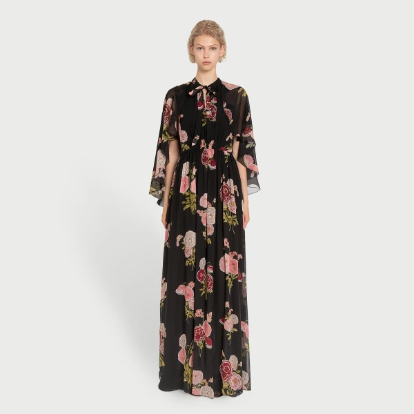 Giambattista Valli Long Pansies Black Silk Dress With Cape - Giambattista Valli Dresses - Romantic Couture - Shop at Luxury Shoes 