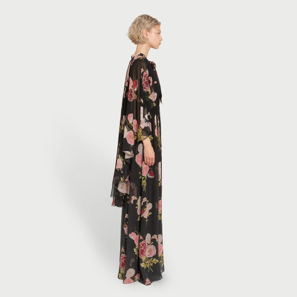 Giambattista Valli Long Pansies Black Silk Dress With Cape - Giambattista Valli Dresses - Romantic Couture - Shop at Luxury Shoes 