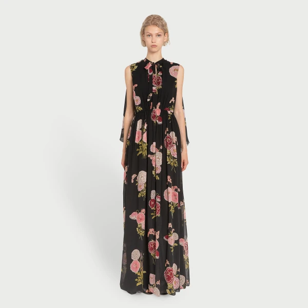 Giambattista Valli Long Pansies Black Silk Dress With Cape - Giambattista Valli Dresses - Romantic Couture - Shop at Luxury Shoes 