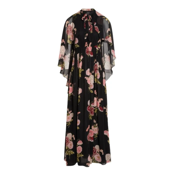 Giambattista Valli Long Pansies Black Silk Dress With Cape - Giambattista Valli Dresses - Romantic Couture - Shop at Luxury Shoes 