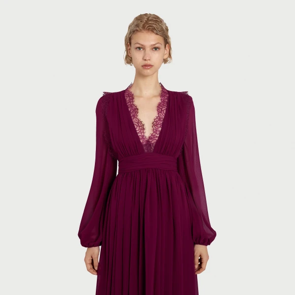 Giambattista Valli Long Purple Silk Dress And Lace Collar - Giambattista Valli Dresses - Romantic Couture - Shop at Luxury Shoes 