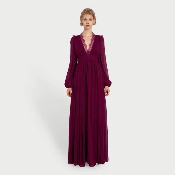Giambattista Valli Long Purple Silk Dress And Lace Collar - Giambattista Valli Dresses - Romantic Couture - Shop at Luxury Shoes 