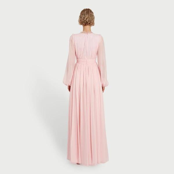 Giambattista Valli Long Rose Quartz Silk Dress And Lace Collar - Giambattista Valli Dresses - Romantic Couture - Shop at Luxury Shoes 