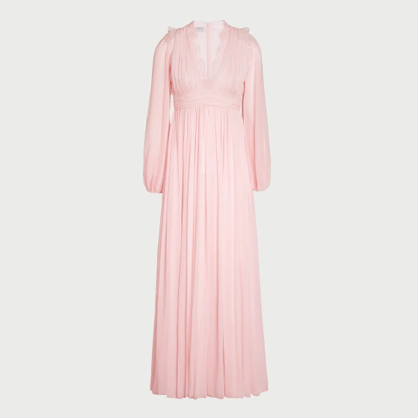 Giambattista Valli Long Rose Quartz Silk Dress And Lace Collar - Giambattista Valli Dresses - Romantic Couture - Shop at Luxury Shoes 