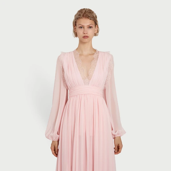 Giambattista Valli Long Rose Quartz Silk Dress And Lace Collar - Giambattista Valli Dresses - Romantic Couture - Shop at Luxury Shoes 
