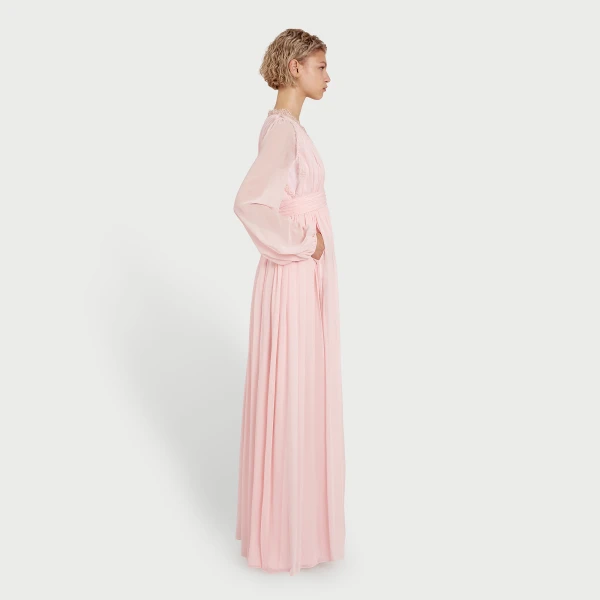 Giambattista Valli Long Rose Quartz Silk Dress And Lace Collar - Giambattista Valli Dresses - Romantic Couture - Shop at Luxury Shoes 