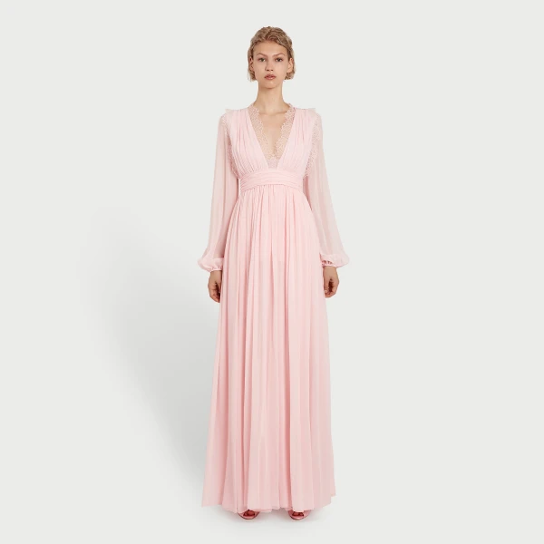 Giambattista Valli Long Rose Quartz Silk Dress And Lace Collar - Giambattista Valli Dresses - Romantic Couture - Shop at Luxury Shoes 