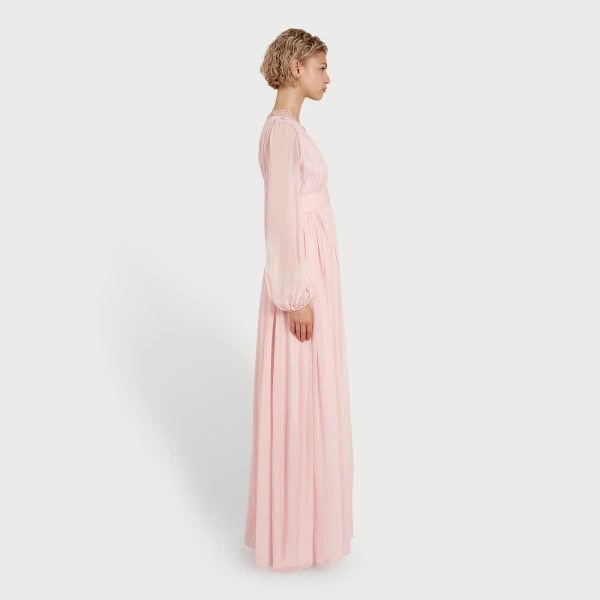 Giambattista Valli Long Rose Quartz Silk Dress And Lace Collar - Giambattista Valli Dresses - Romantic Couture - Shop at Luxury Shoes 