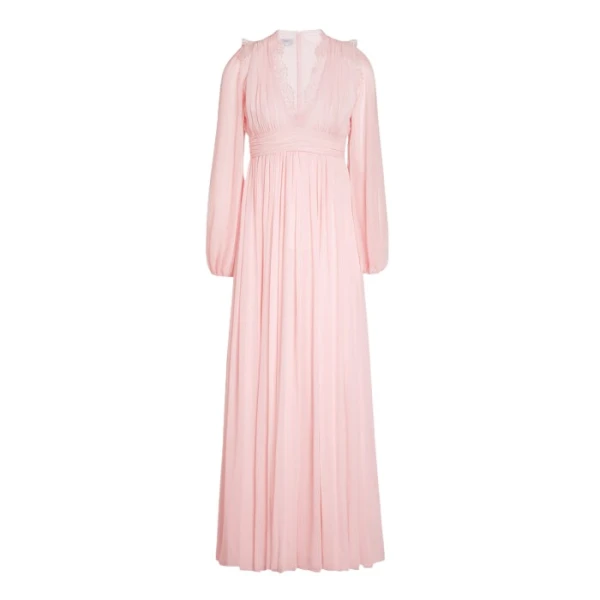 Giambattista Valli Long Rose Quartz Silk Dress And Lace Collar - Giambattista Valli Dresses - Romantic Couture - Shop at Luxury Shoes 