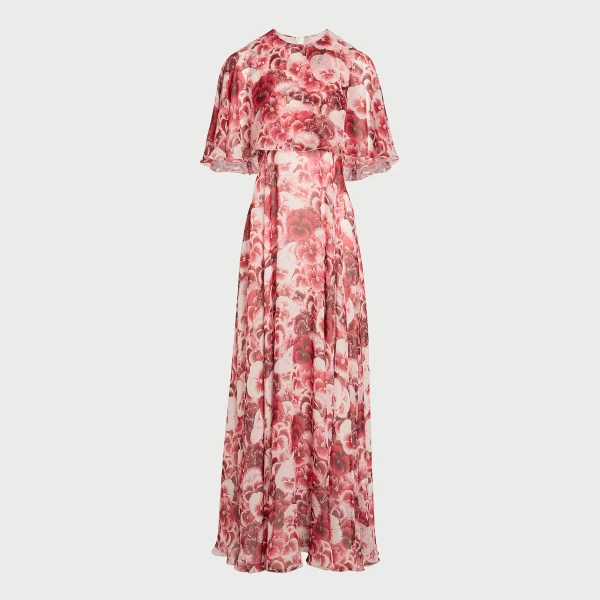Giambattista Valli Long Ruby Pansies Silk Dress With Cape - Giambattista Valli Dresses - Romantic Couture - Shop at Luxury Shoes 