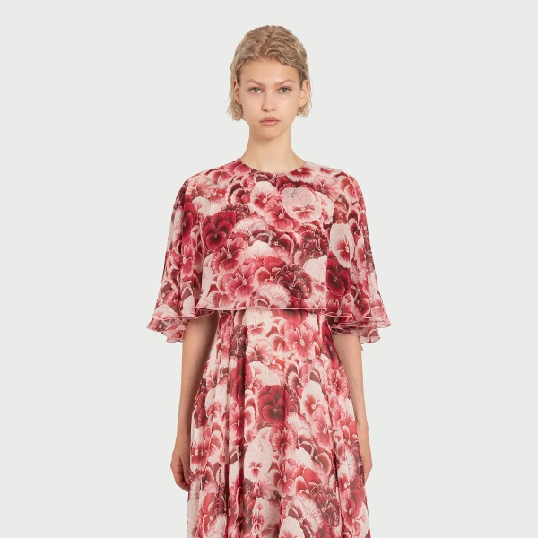 Giambattista Valli Long Ruby Pansies Silk Dress With Cape - Giambattista Valli Dresses - Romantic Couture - Shop at Luxury Shoes 