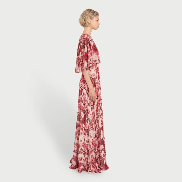 Giambattista Valli Long Ruby Pansies Silk Dress With Cape - Giambattista Valli Dresses - Romantic Couture - Shop at Luxury Shoes 