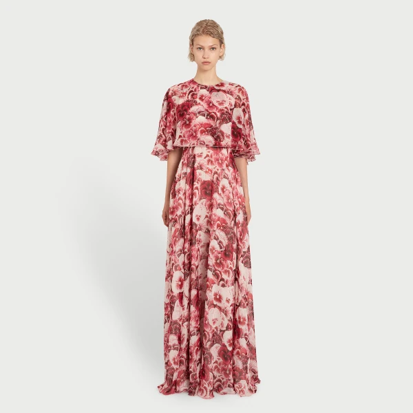 Giambattista Valli Long Ruby Pansies Silk Dress With Cape - Giambattista Valli Dresses - Romantic Couture - Shop at Luxury Shoes 
