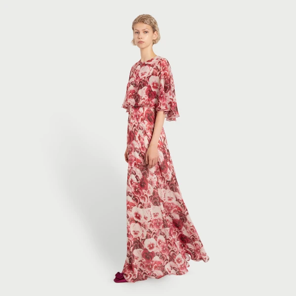 Giambattista Valli Long Ruby Pansies Silk Dress With Cape - Giambattista Valli Dresses - Romantic Couture - Shop at Luxury Shoes 