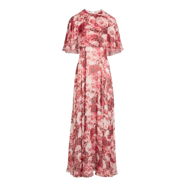 Giambattista Valli Long Ruby Pansies Silk Dress With Cape - Giambattista Valli Dresses - Romantic Couture - Shop at Luxury Shoes 