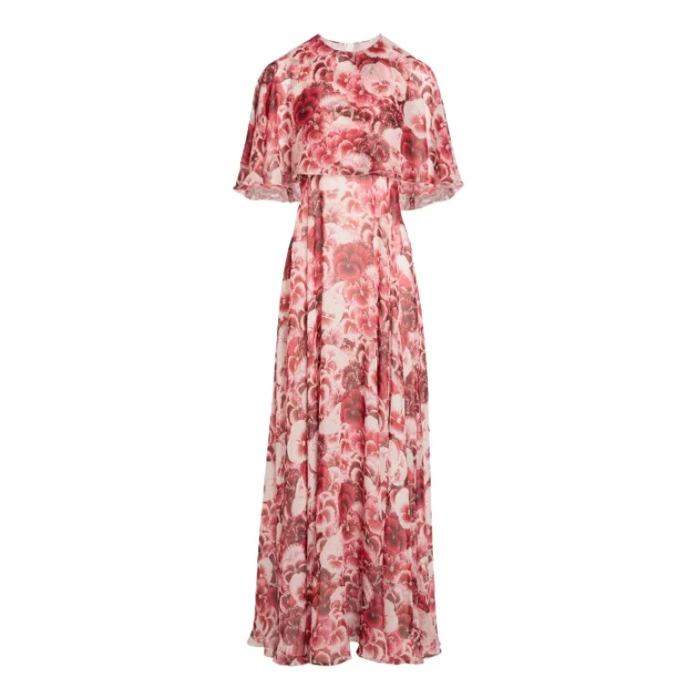 Giambattista Valli Long Ruby Pansies Silk Dress With Cape - Giambattista Valli Dresses - Romantic Couture - Shop at Luxury Shoes 