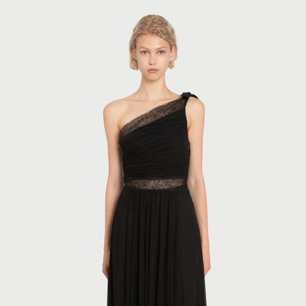 Giambattista Valli Maxi Asymmetrical Black Dress In Lace - Giambattista Valli Dresses - Romantic Couture - Shop at Luxury Shoes 