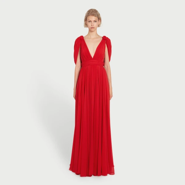 Giambattista Valli Maxi Red Silk Dress With Draped Shoulders - Giambattista Valli Dresses - Romantic Couture - Shop at Luxury Shoes 