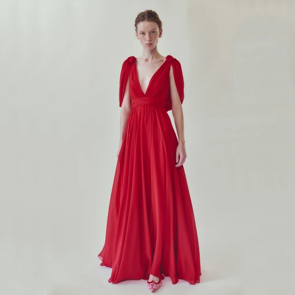 Giambattista Valli Maxi Red Silk Dress With Draped Shoulders - Giambattista Valli Dresses - Romantic Couture - Shop at Luxury Shoes 