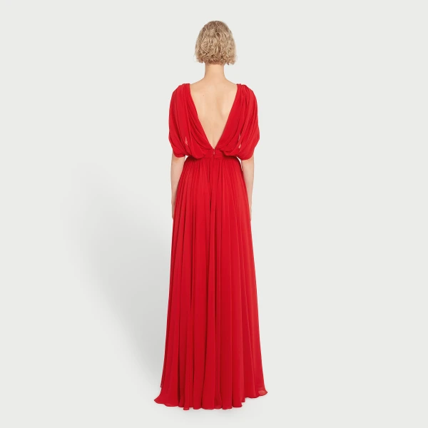 Giambattista Valli Maxi Red Silk Dress With Draped Shoulders - Giambattista Valli Dresses - Romantic Couture - Shop at Luxury Shoes 