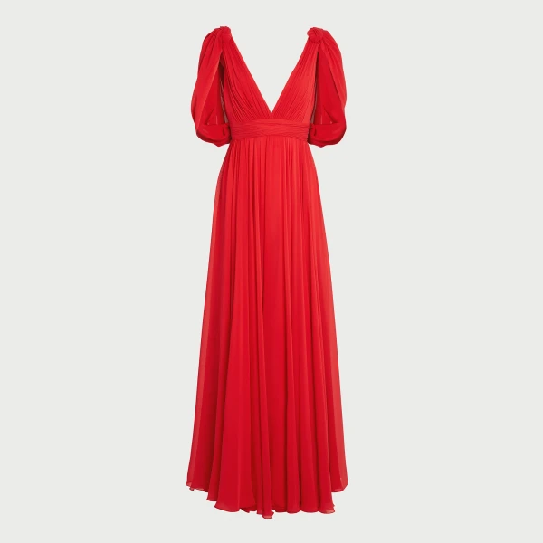 Giambattista Valli Maxi Red Silk Dress With Draped Shoulders - Giambattista Valli Dresses - Romantic Couture - Shop at Luxury Shoes 